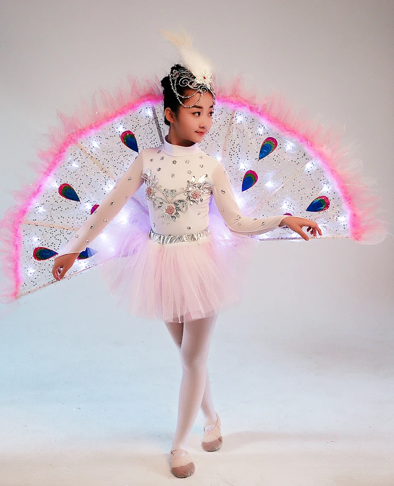 Детская Одежда для танцев с павлином стиль маленький светящийся светодиодный Белый Ling Xiao Dai костюмы студентов - Цвет: LED White pink