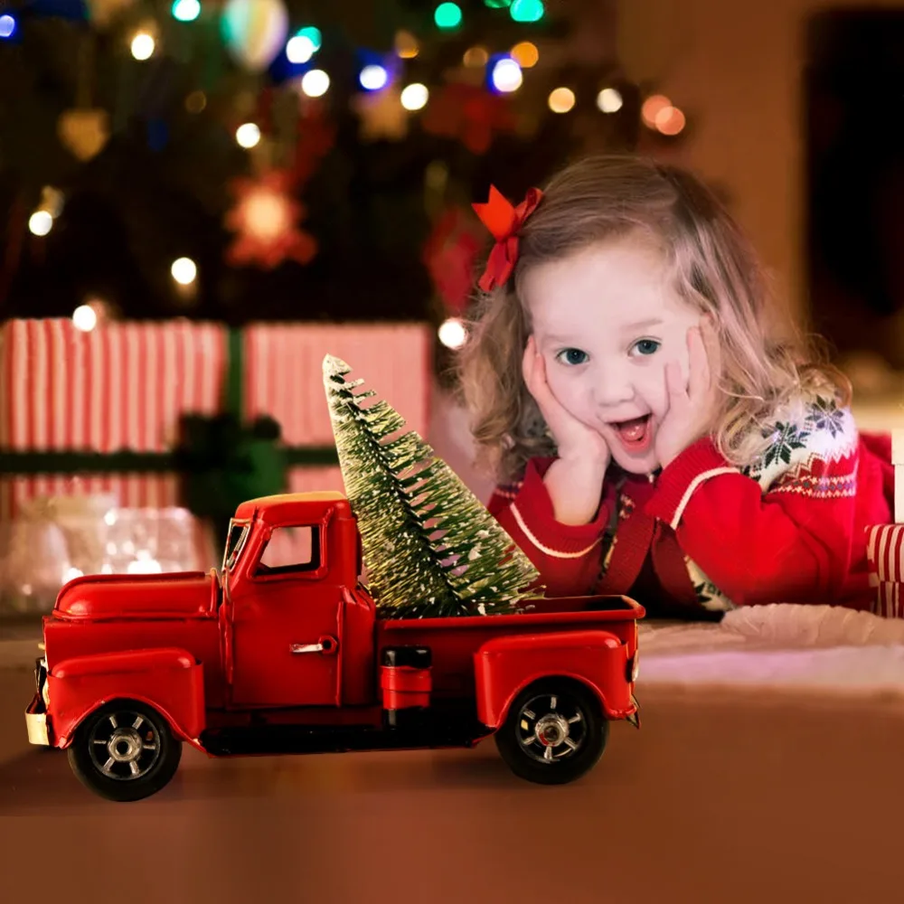 OurWarm Cute Little Metal Christmas Red Truck Vintage Red Truck Christmas Tree Decor Handcrafted Kid Gift Table Top Decor Home