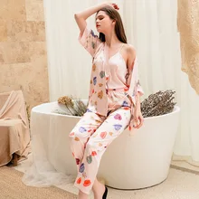 Ночные рубашки, 3 шт., женские пижамы с принтом, атласная сексуальная шелковая ночная рубашка, Camisola+ халат+ штаны, комплекты, пижама, женские летние шорты, комплект для отдыха