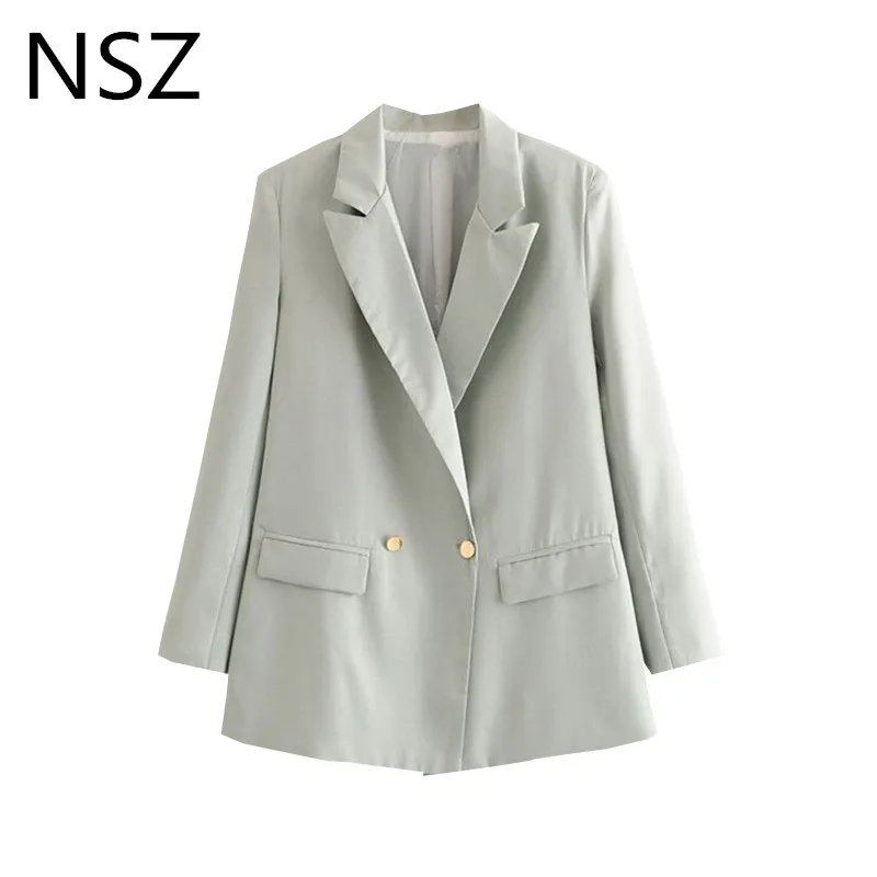 

NSZ Women Elegant Solid Grey Blazer Long Sleeve Double Pocket Female Office Lady Work Jacket Chic Coat High Quality Outerwear