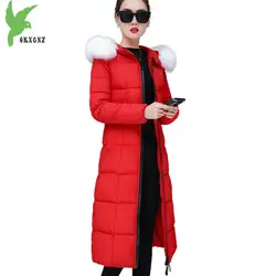 Новый Для женщин парки Зимняя хлопковая куртка меховой воротник толстовки толстый теплый длинное пальто Большие размеры тонкий женский
