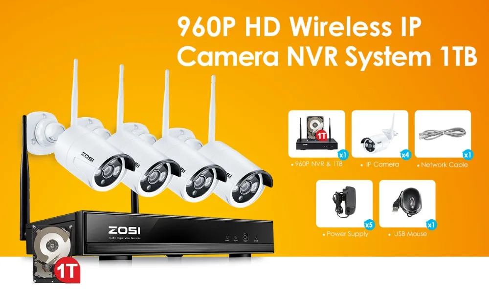 ZOSI 4CH Беспроводная система видеонаблюдения 960P HD NVR комплект с 1 ТБ наружная ИК Ночная ip-камера wifi камера система безопасности комплекты видеонаблюдения