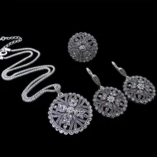 HENSEN Fashion Jewellery Antique Silver Plated Vintage Black Rhinestone Jewelry Sets For Women