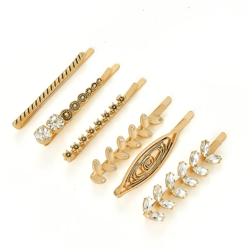 

6 pcs/pack vINTAGE Crystal Rhinestone Barrette Hair Pins Fashion Women Hairpin Headwear Gold Hair Clip Accessories M35
