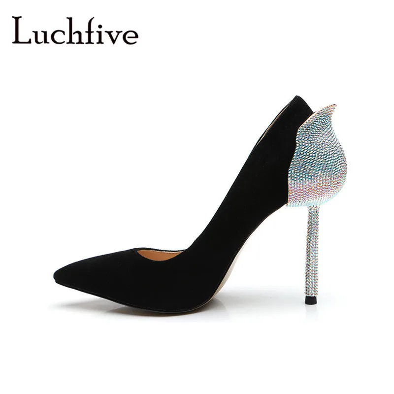 

Fashion back rhinestone women pumps sexy thin high heels genuine leather shoes women pointy toe kid suede slip on wedding shoes