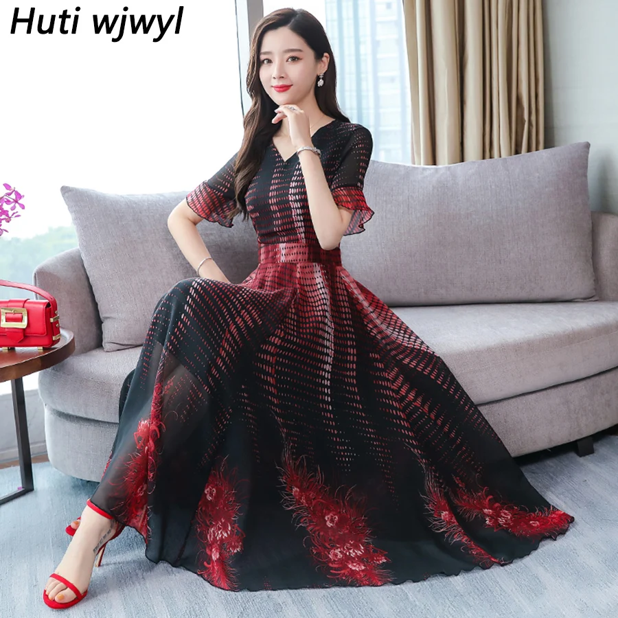 

2019 Vintage Floral Chiffon Boho Maxi Sundress Elegant Women Bodycon Party Vestidos Beach Vacation 3XL Plus Size Summer Dresses