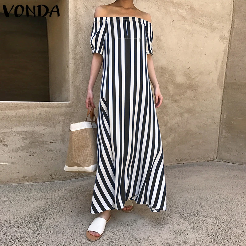 

VONDA Women Pregnant Striped Maxi Long Dress 2018 Summer Sexy Slash Neck Off Shoulder Ankle-length Vestidos Maternity Clothes