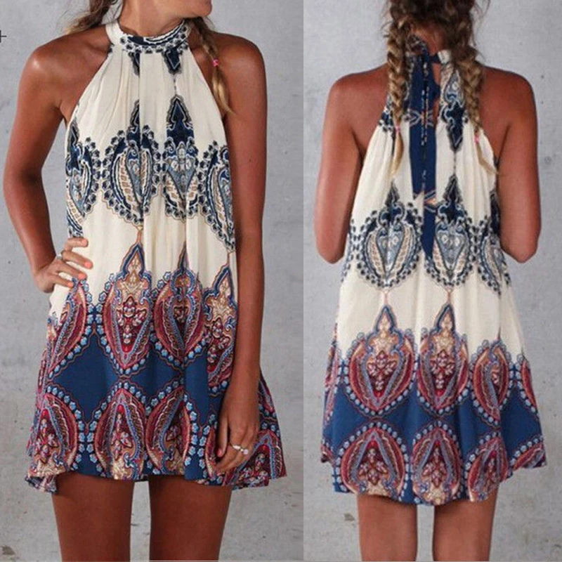 Casual Loose Holiday Beach Party Dress Woman Halter Sleeveless Short Dresses Ladies Summer Floral Printed Dress Mini Vestidos