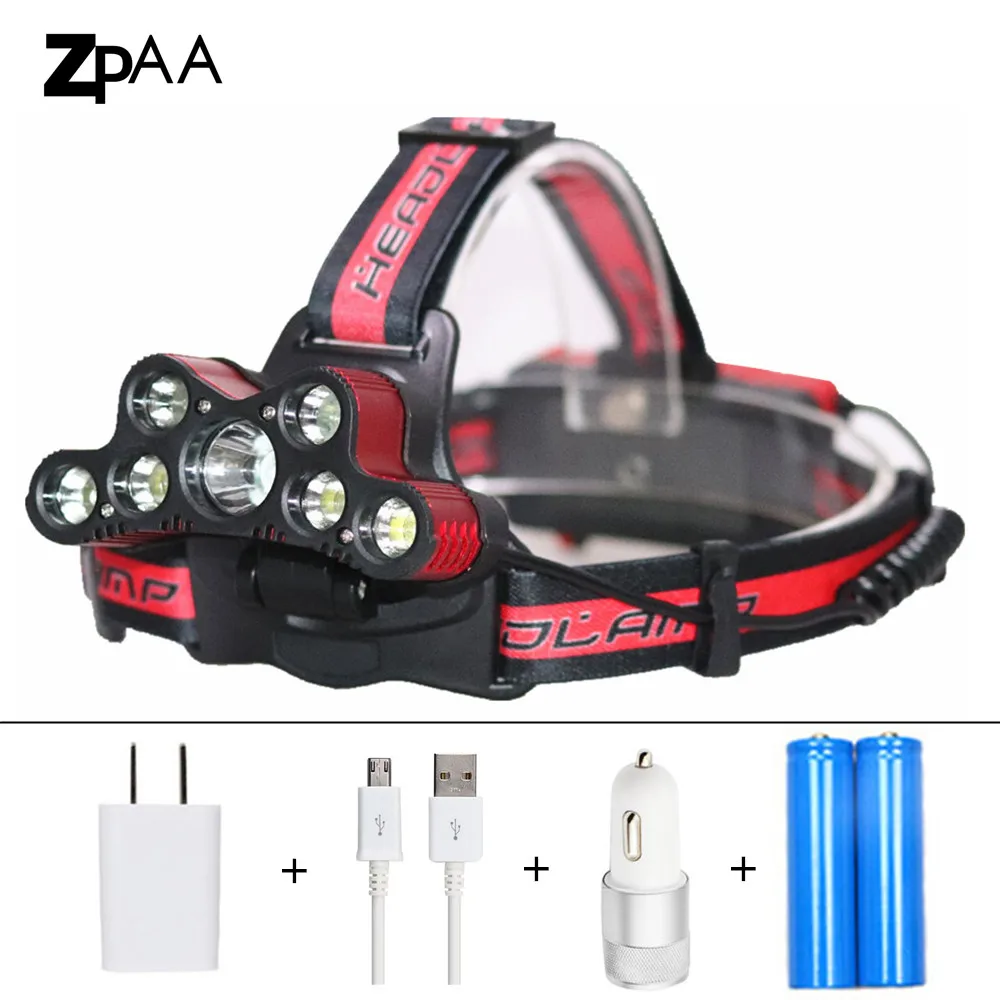 

Headlamp 7 Led 15000 Lumen Rechargeable USB Headlight Flashlight XML T6 LED 18650 Lampe Frontale with Battery + Charger Fishing