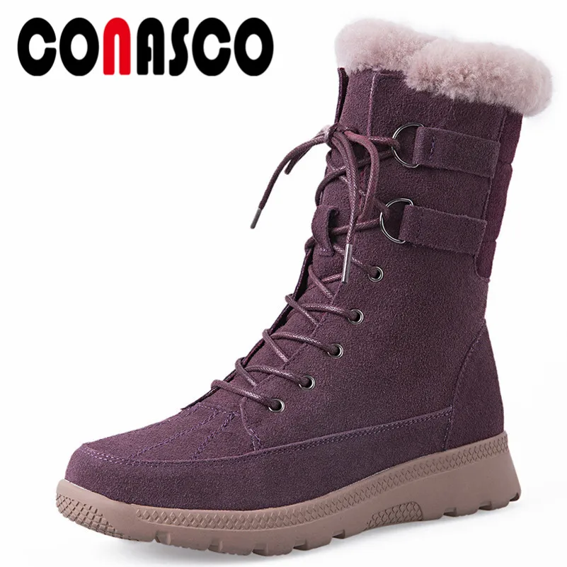 

CONASCO New Women Cow Suede Mid-calf Boots Platforms Keep Warm Autumn Winter Snow Boots Ladies Motorcycle Boots Shoes Woman