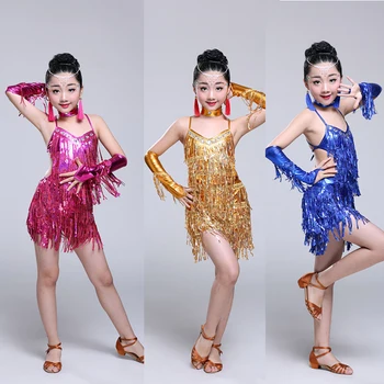 

4 colors Sequined Tassels Girls Ballroom Latin Dancing dress Kids Party Performance Costumes competition skating dresses Outfits