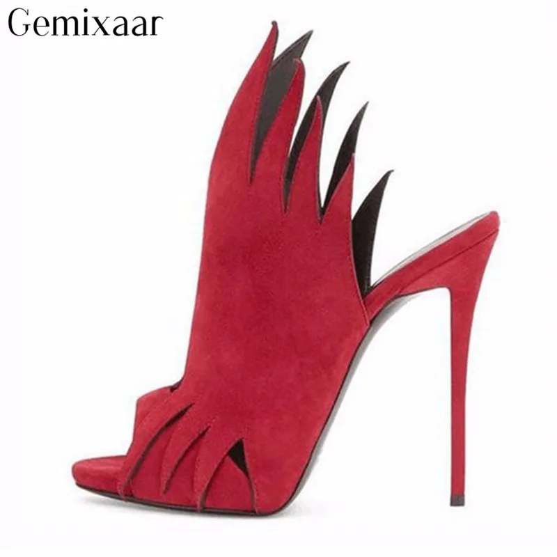

Flame-shape High Gladiator Flock Women Shoes Peep Toe Mature Party Sandalias Round Toe Thin High Heels Sandals Women