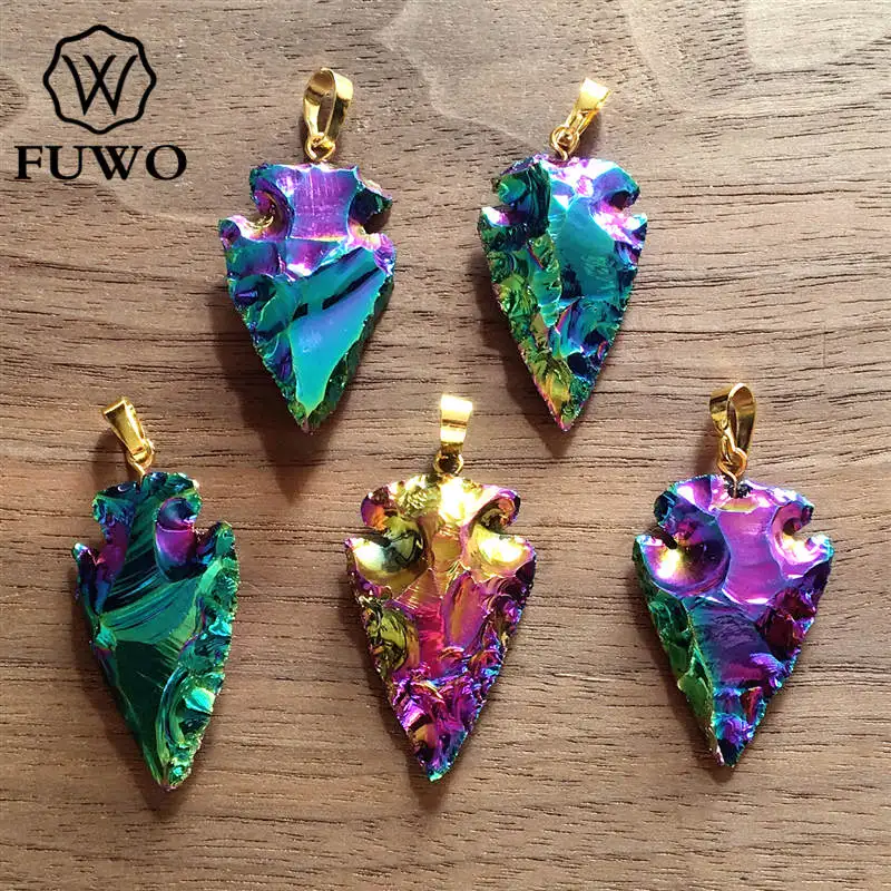 FUWO Fashion Titanium Plated Obsidian Pendant,Gorgeous Rainbow Aura Crystal Arrowhead Jewelry For Necklace Making 5Pcs/Lot PD223 3