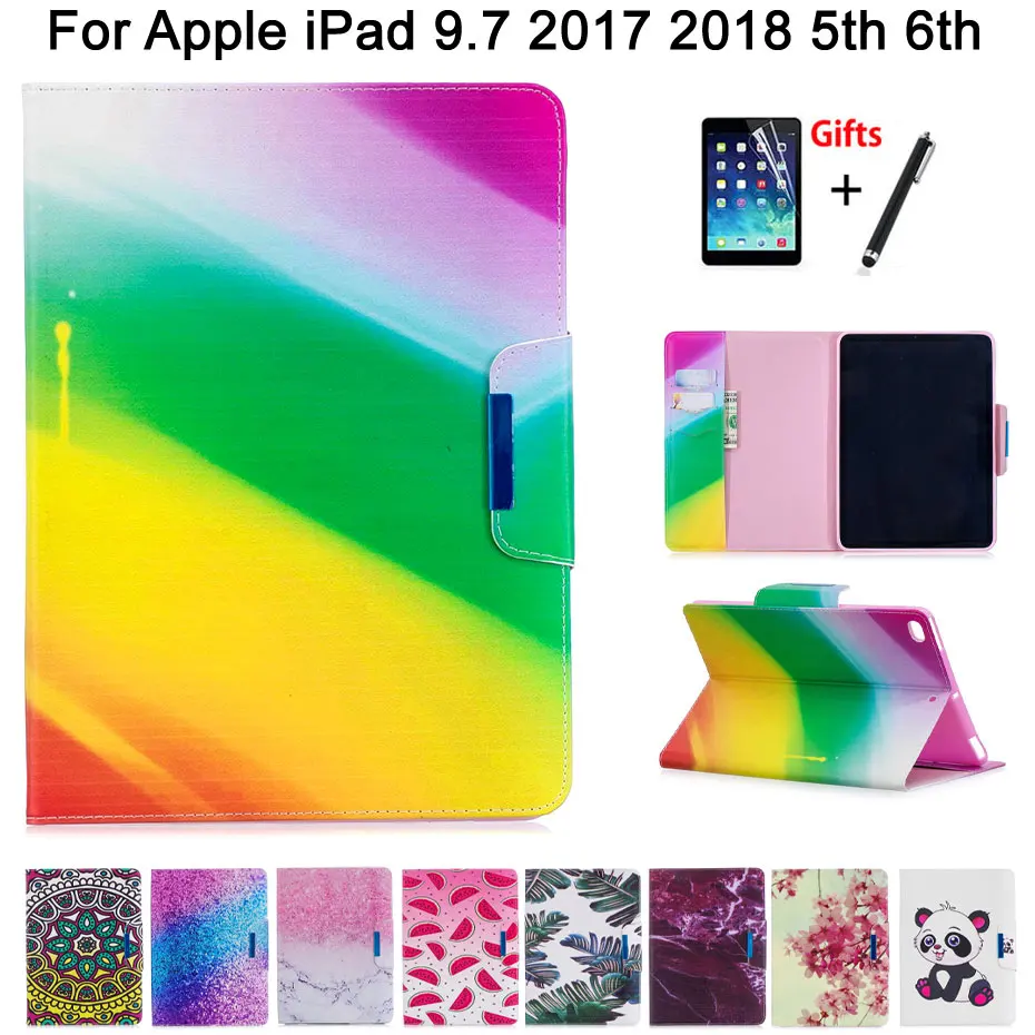 

Case For Apple iPad 9.7 2017 2018 5th 6th Generation Cases Cover A1822 A1954 Funda Tablet Cat Tree Pattern Stand Shell +Film+Pen