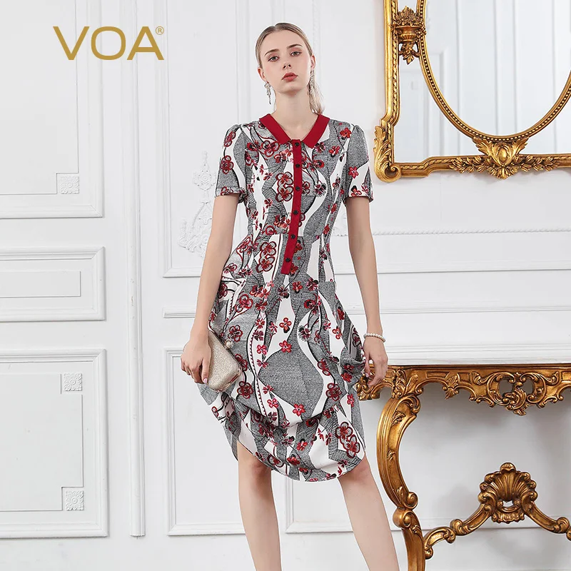 

VOA Silk Floral Print Shirt Dress Irregular Women Midi Dresses Sweet Peter Pan Collar Retro Chinese Style Slim Short Sleeve A896