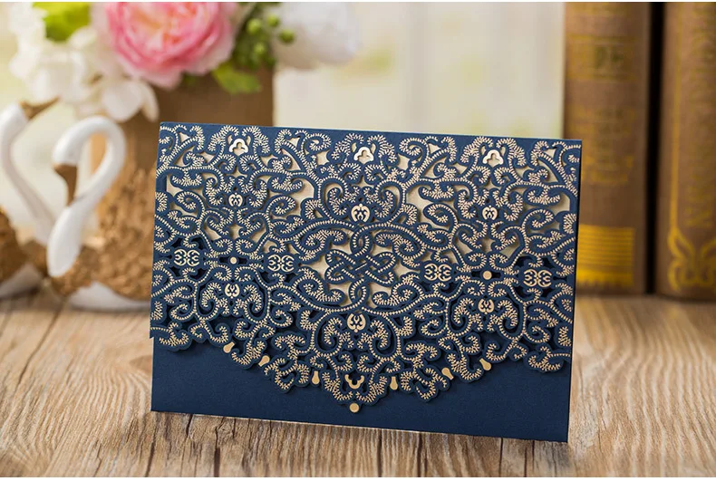 

High Quality 185*127mm Wedding Invitations Cards Nave Blue With Gold Decoration Including Of Envelopes, Inner Paper And Seals