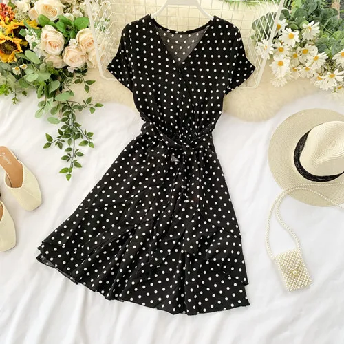 Vintage Polka Dot Print V Neck Ruffles Short Bandage Dress Chiffon Summer Party Women Casual High Waist Beach Dresses - Color: Black