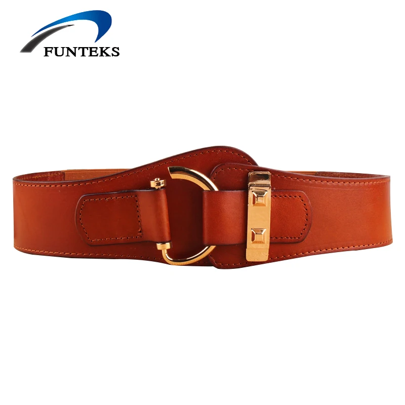 FUNTEKS Stylish Hook Genuine Leather Belt for Women Elastic Brown