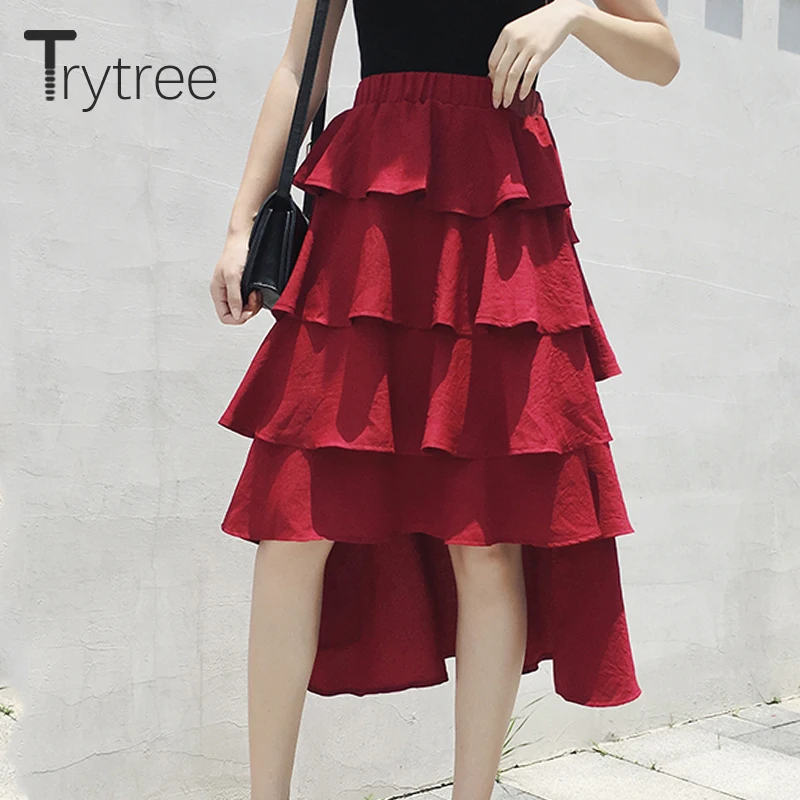

Trytree Summer Asymmetric Length Women Skirt Cascading Ruffles Elastic Waist Solid Skirt Casual A-line Office Lady Female Skirts