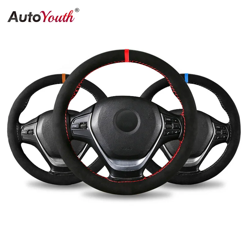 

AUTOYOUTH Microfiber Leather Universal DIY Car Steering-wheel Cover Anti-Slip Sports Style 38CM Anti-catch Holder Fit Most cars