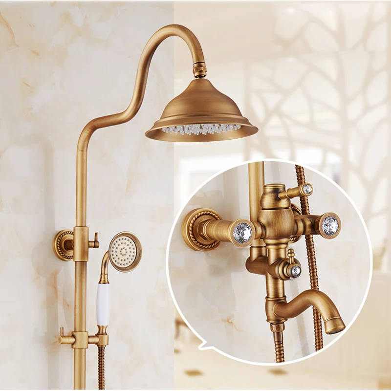 Rainfall Antique Brass Shower Faucet Set Tub Spout Hand Shower Mixer Tap Faucets Luxury Valve Mixer Shower Set Top Sprayer