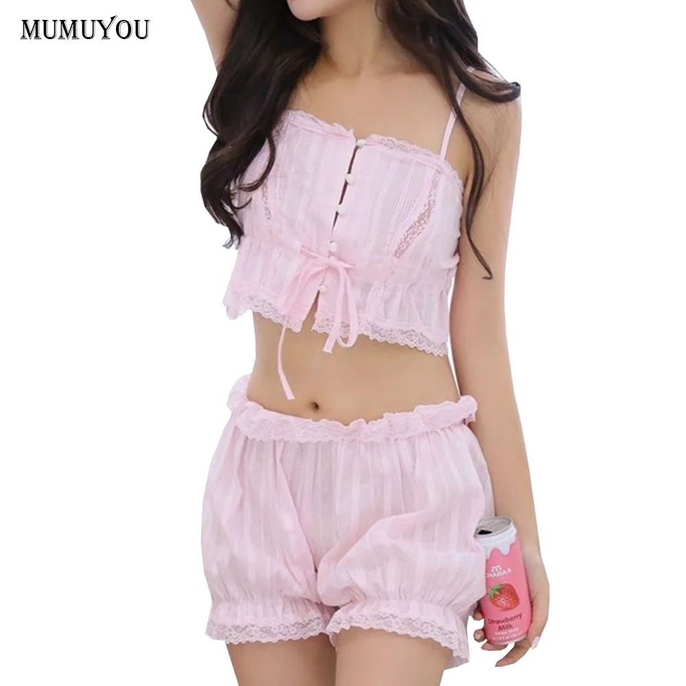 

Women Two Pieces Pajama Set Cotton Sweet Lace Shorts Strapless Slash Neck Solid Summer Lingerie Sleepwear Underwear 200-909