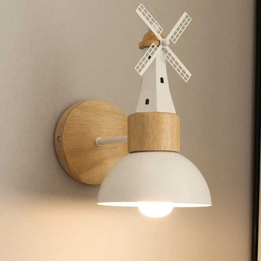 Thrisdar Nordic Minimalist Wooden LED Wall Lamps Windmill Bedside Wall Light Modern Hotel Study Room Staircase Aisle Wall light