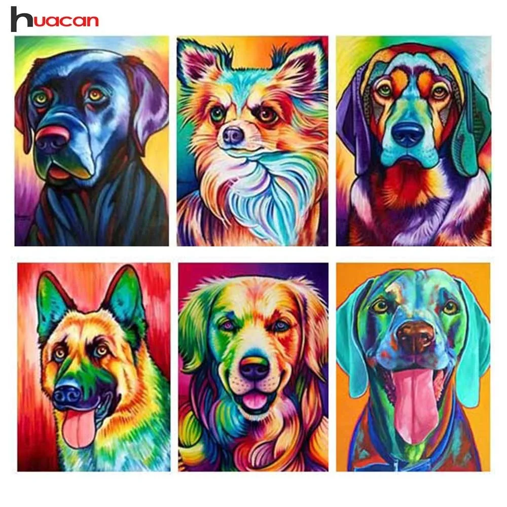 

Huacan Diamond Painting Cross Stitch Dog Full Round Animals Rhinestone Mosaic 5D Diamond Embroidery Painting Wall Sticker