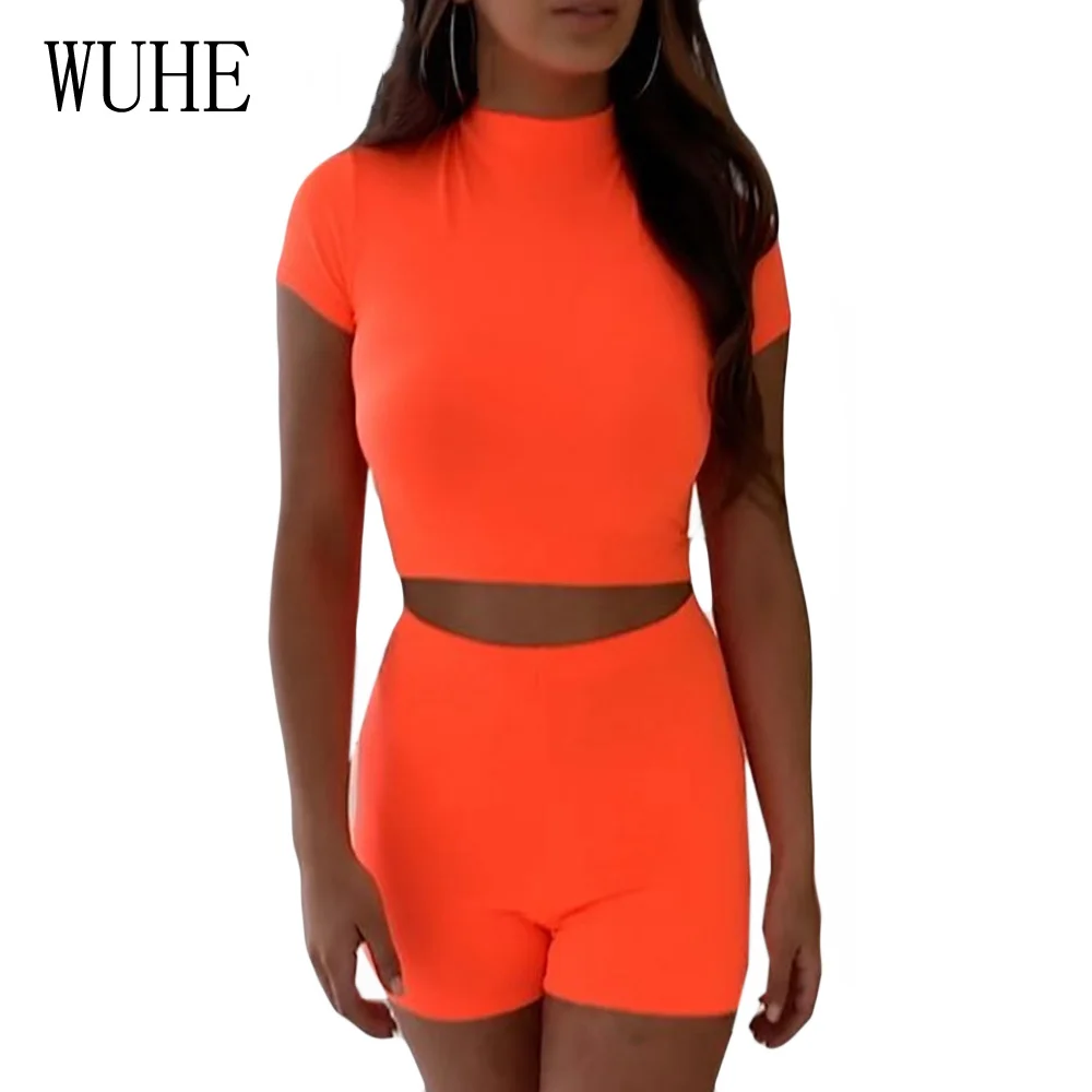 

WUHE Rompers Womens New Fashion Two Piece Sets Top and Short Jumpsuit Summer Short Sleeve O Neck Club Wear Neon Green Bodysuit