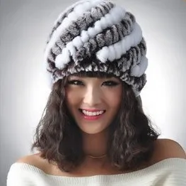 

New Knitted genuine natural REX rabbit fur hat cap headgear headdress women warmer skullies Wholesale Free shipping J49