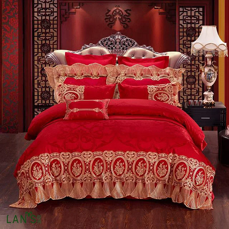 Luxury Elegant Jacquard 9pcs Bedding Sets Gold Embroidery 100Cotton