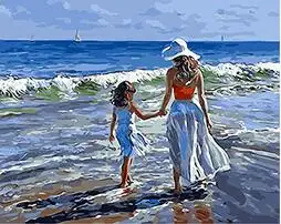 MaHuaf-W210 mother and girl take a walk beside sea painting by numbers on canvas nordic decoration wall acrylic painting 