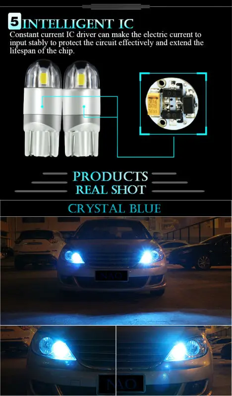 Светодиодная лампа NAO W5W 12 В T10 для автомобильного мотоцикла Blub 6000 K 5W5 3030 чипов 168 194