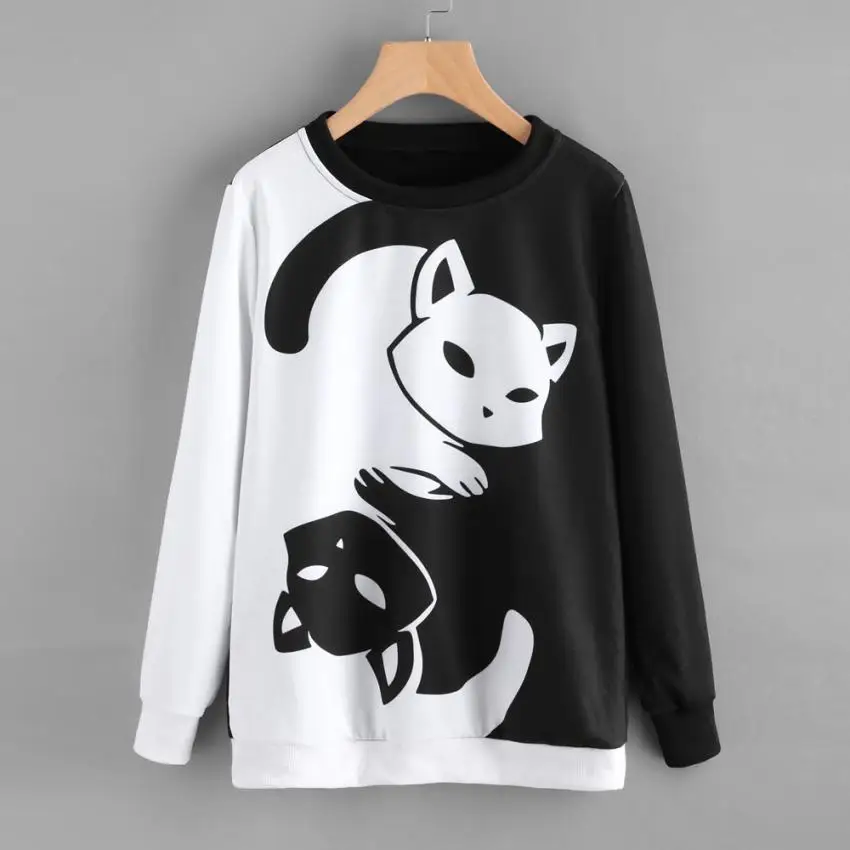 Женский пуловер с рисунком кота, Женский пуловер из смешанного хлопка, милый спортивный костюм с капюшоном Kawaii - Цвет: Black