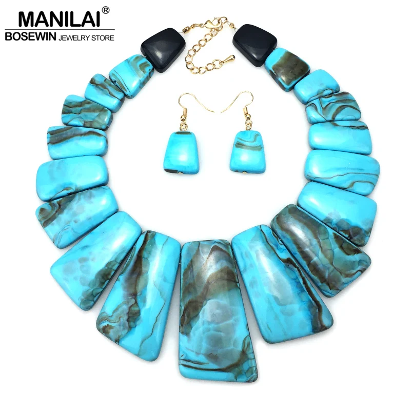 MANILAI Big Colouration Resin Indian Jewelry Sets Women Ethnic Design Statement Choker Necklace Earrings Sets Vintage retro geometric bubble resin statement choker necklace vintage jewelry