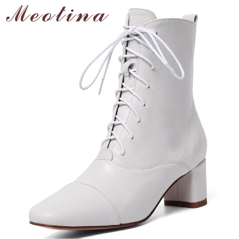 

Meotina Sheepskin Ankle Boots Women Natural Genuine Leather Block High Heels Short Boots Zipper Pointed Toe Shoes Lady Autumn 39