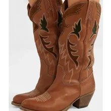 Zapatos mujer; осенне-зимняя обувь в стиле ретро; ковбойские сапоги с вышивкой для женщин; модные сапоги до колена на танкетке без застежки