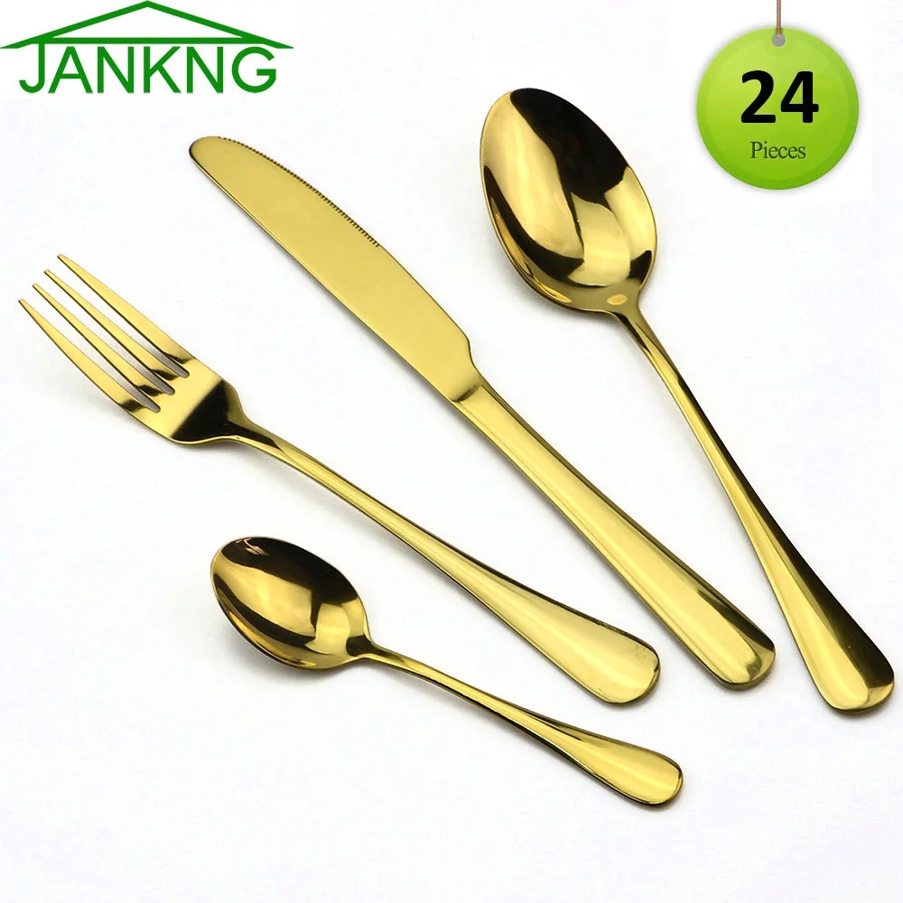 

JANKNG 24Pcs/Set Luxury Golden Dinnerware Set Rainbow Stainless Steel Cutlery Wedding Tableware Dinner Knife Fork Tablespoon