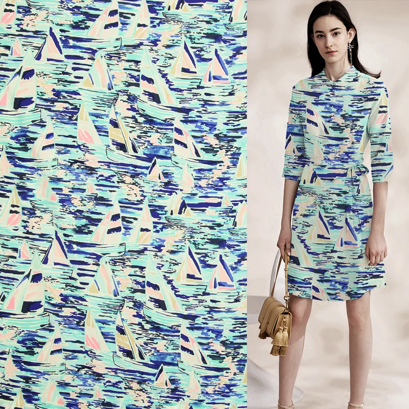 

100% pure silk crepe de chine silk fabric blue sailing and season print,SCDC998