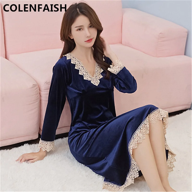

Fashion Velvet Pure color pleuche V-neck sexy lady nightwear Lace Long sleeves shirt night dress gecelik nuisette femme de nuit