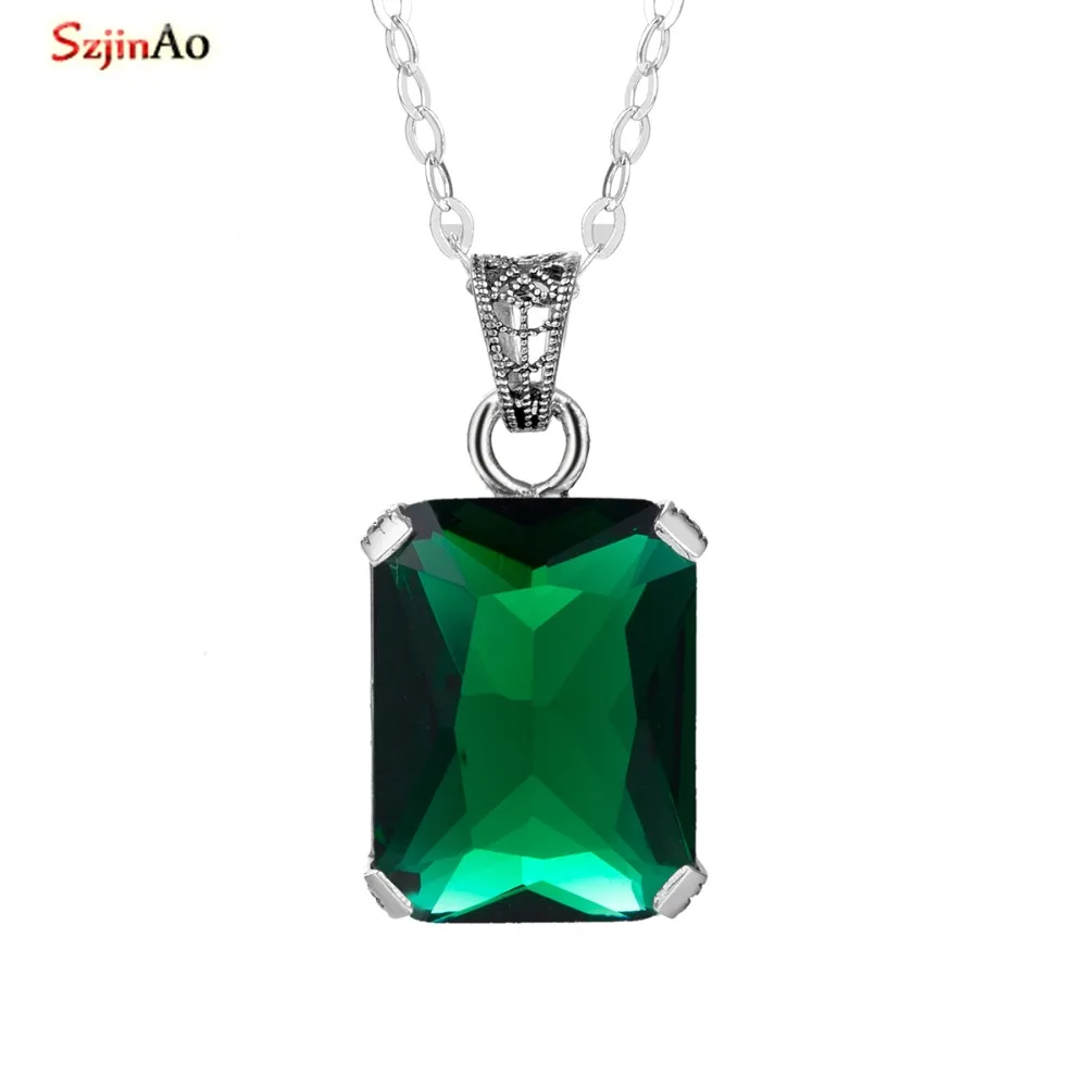 

SzjinAo Genuine 925 Sterling Silver Key Necklaces Lab Emerald Gemstone Handmade Fine Jewelry Vintage Pendants for Lovers