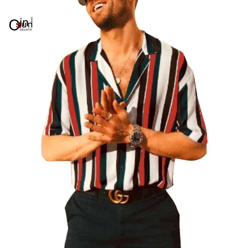 Osunlin 2019 الرجال أزياء قصيرة الأكمام العادية صالح زر أسفل قميص عارضة العمودي مخطط قميص