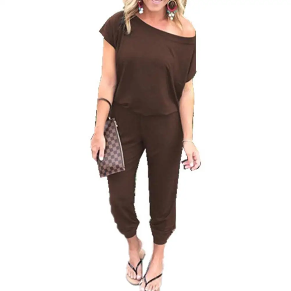 

Yfashion Women Clothes Fashionable Slant Collar Design Jumpsuits Summer Short-sleeved Siamese Trousers Solid Color Jumpsuits
