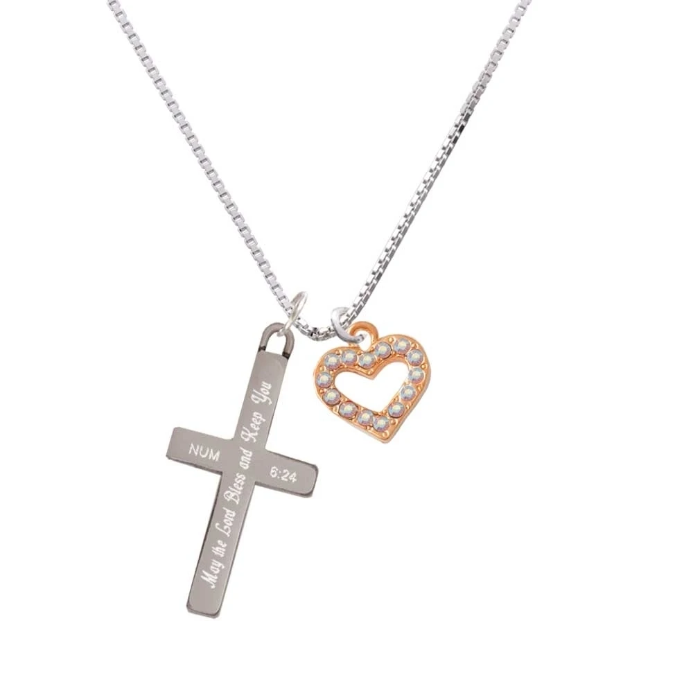Rose Gold Tone AB Crystal Open Heart - Bless and Keep You - Cross Necklace