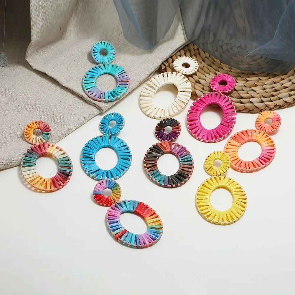 

Boho Beach Women Rainbow Raffia Rattan Hollow Oval Drop Statement Stud Earrings ethnic