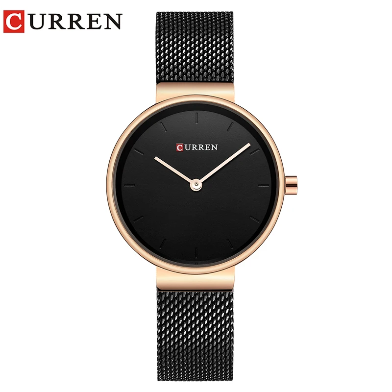 Ladies Dress Mesh Bracelet Watches with Stainless Steel CURREN Simple Fashion Quartz Wristwatch Women Clock Female Montre femme - Color: black