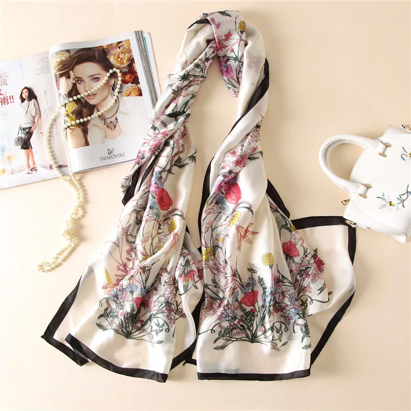

Fashion bandana 2017 100% Silk Scarf Luxury Women Brand Scarves for Women Shawl High Quality Plants Print hijab wrap