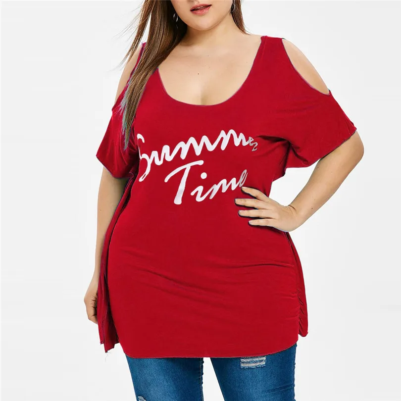 

KWAN_Summer Plus Size Casual Off Shouder Top Printed Letters decoration vogue womens tshirts tee shirt irregular female T-shirt#