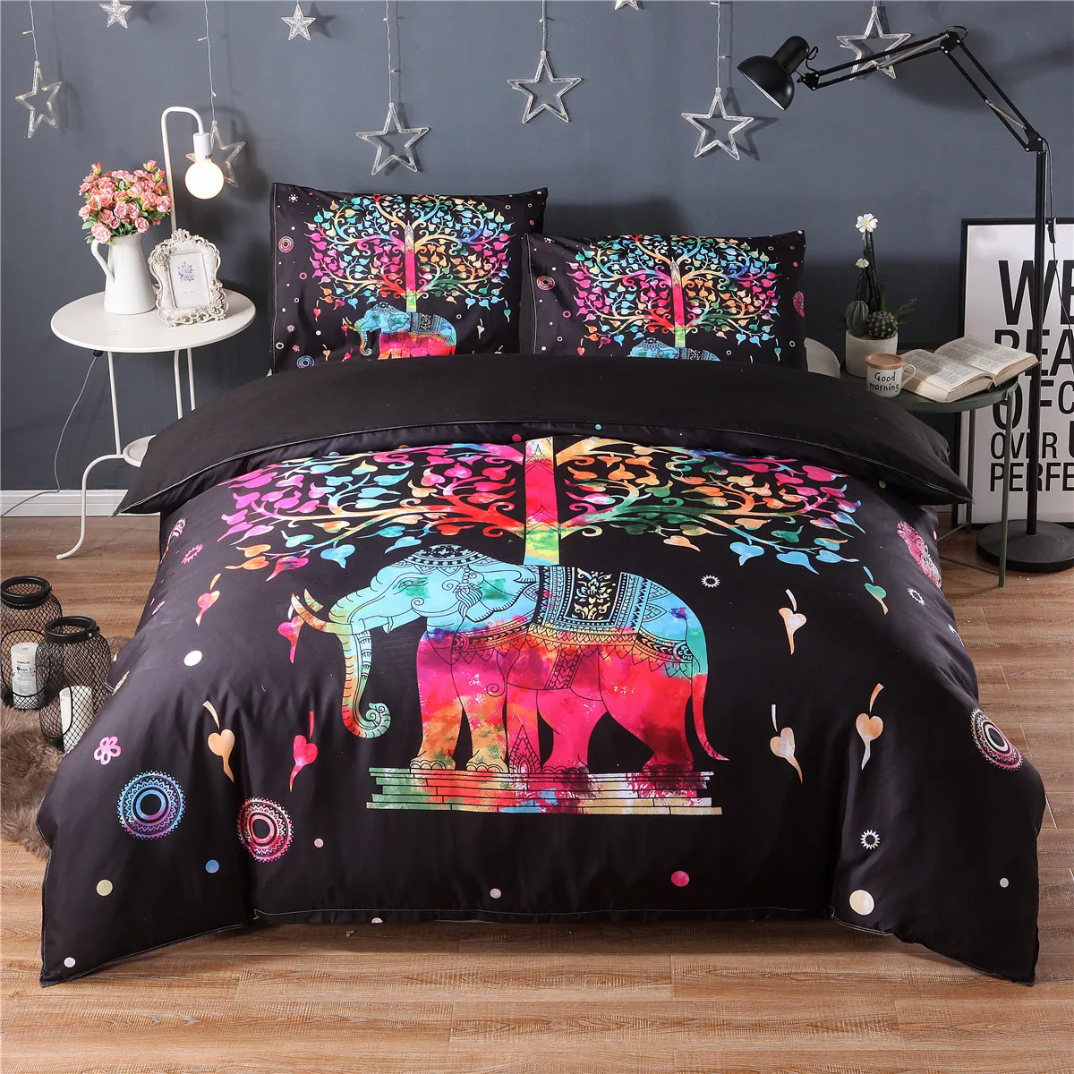 Black Indian Elephant Exotic Bedding Sets Colorful Bohemian Print Duvet