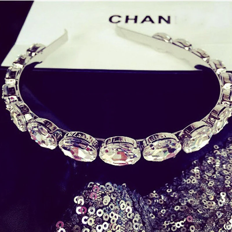 

Trendy Luxury Chic Silver Clear Oval Crystal Headband Bling Bling Rhinestone Hairband Party banquet Hair Jewelry For Girl Women